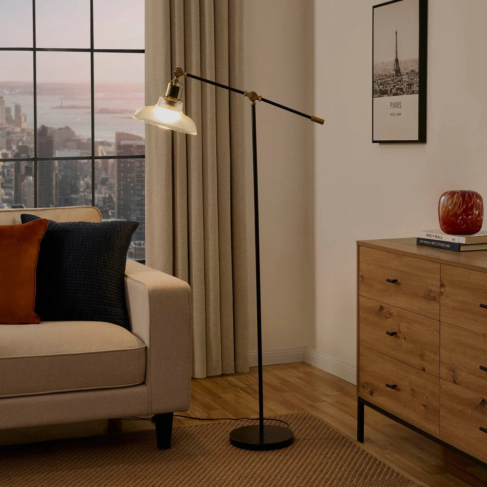 Lampada da Terra Regolabile Con Paralume In Vetro Rita, Nera