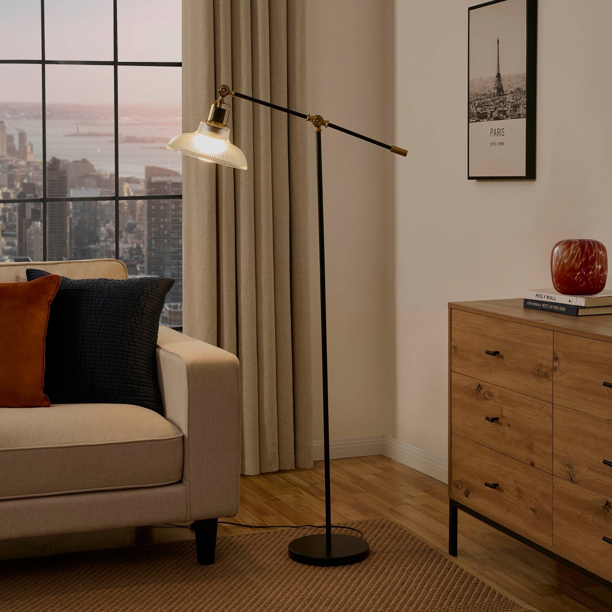 Lampada da terra regolabile rita con paralume in vetro - nero